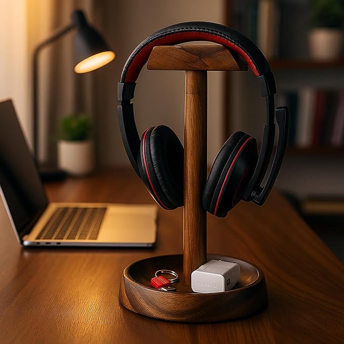 Wooden Headphone Stand with Tray – Solid Acacia Headset Holder for Desk Organization, Universal Fit for Sony, Bose, Beats, Gaming Headsets & Controllers | Solid Acacia, Desk Organization, Universal Fit for Sony, Bose, Beats, Gaming Headsets & Controllers