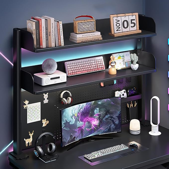 Clamp on Desk Shelf with Pegboard, Desktop Organization Bookshelf Storage Shelves for Home Office Dorm Gaming Desk, Space Saving Tabletop Display Rack