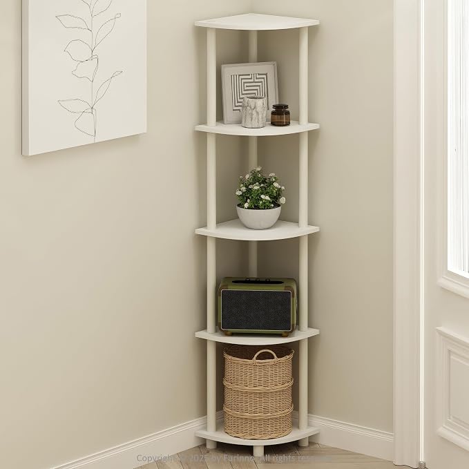 Furinno Turn-N-Tube Storage Shelves, 5-Tier Book Shelf, Corner Shelf, Toolless Open Shelves, for Organization and Storage, Living Room, Home Office, Hallway, Bedroom, White