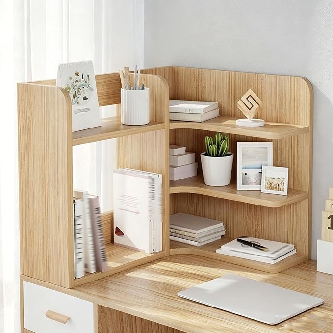 3-Tier Corner Desktop Organizer Shelf, Wooden Desktop Bookshelf with Drawers, Multifunctional Desk Hutch Dorm, Desk Display Rack, Cube Storage Organizer Bookcase(Wood A-l,23.6x19.6x19.6'')
