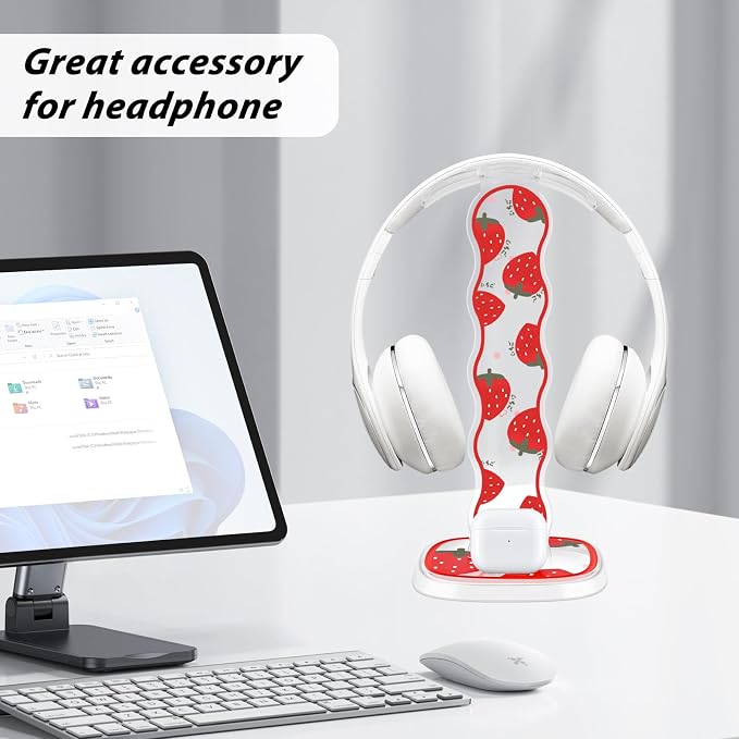 CamyCosy Headphone Stand Gaming Headset Holder for Desk,Clear Pretty Strawberry Flowers Pattern Cellphone Stand Earphone Stand Desk Accessories for All Headphones Size