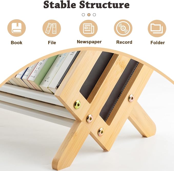 Desktop Bookshelf, Wood Tilting Bookcase with Iron Rack, Book Organizer for CDs/Magazine/Books Display, Storage Rack in Living Room/Studyroom/Home/Office, Yellow & White, 16"