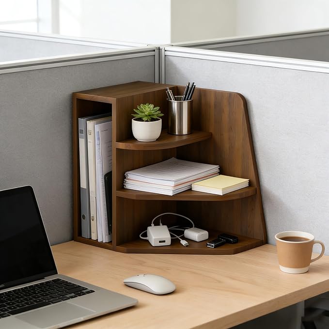Desktop Corner Stand Shelf 3 Tier Shelf Organizer 15.7in Tall Corner Bookshelf for Small Spaces Wooden Desktop File Organizer Vertical for Home Offices, Bedrooms, and Studies,Walnut,40cm