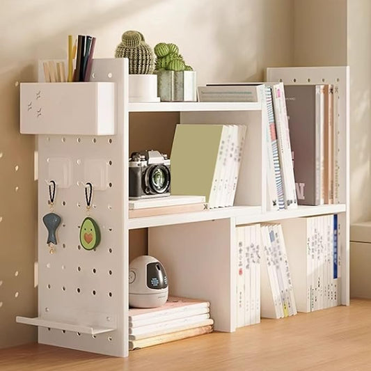 Corner Desktop Bookshelf, Multipurpose Desk Organizer Shelves with Pegboard, Countertop Display Rack for Home Office Dorm