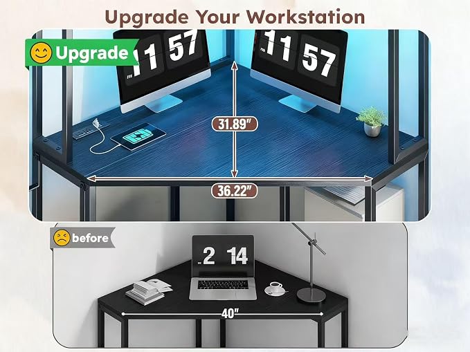 DurayLoly 63" Triangular Corner Desk with Hutch,Ample Storage for Small Room,Spacious 36" W Desktop,2 Fabric Drawers and Bottom Wooden Shelves,Versatile Computer Desk that Meets All Your Needs,Black