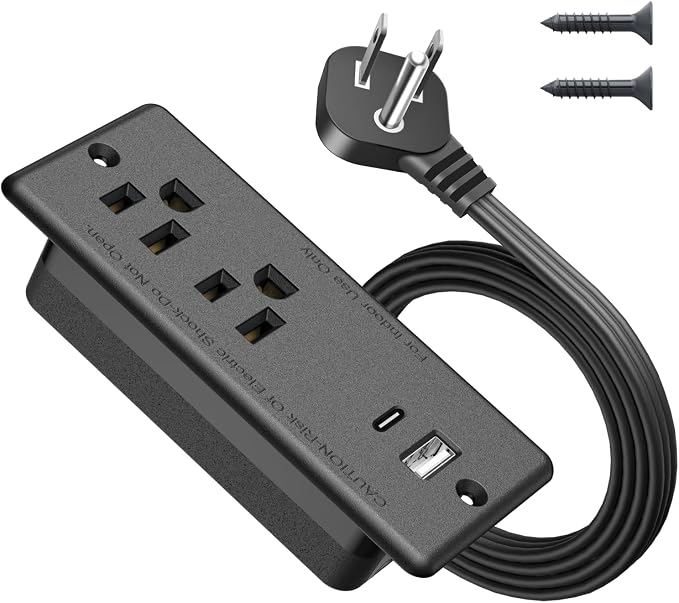 Recessed Power Strip USB C 20W,Flat Plug Ultra Thin Extension Cord,Furniture Desktop Charging Station for Side Table,End Table,Flush-Mount Desk Outlet Power Grommet,10ft Cord (Black)