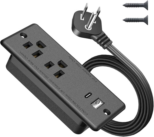 Recessed Power Strip USB C 20W,Flat Plug Ultra Thin Extension Cord,Furniture Desktop Charging Station for Side Table,End Table,Flush-Mount Desk Outlet Power Grommet,10ft Cord (Black)