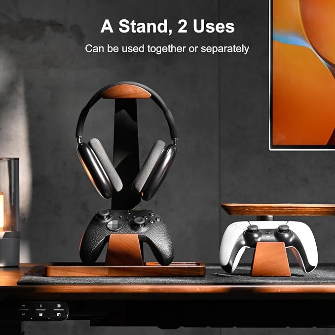 UPERGO Headset Stand with 2 Controller Holders - Solid Wood & Metal Gaming Headphone Holder for Switch, Controllers, and Desk Accessories (Wood)