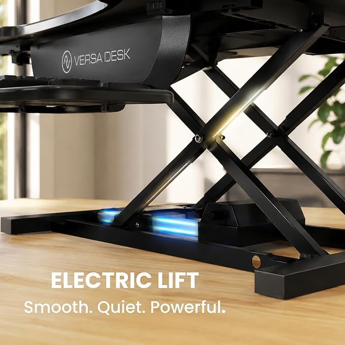 VERSADESK PowerPro 48 Inch Electric Standing Desk Converter – Push-Button Height Adjustable Sit to Stand Desk Riser for Multiple Monitors – Motorized Desktop Workstation with Wide Keyboard Tray, White