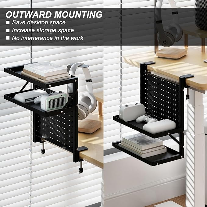 Adjustable 2-Tier Clamp on Desk Shelf with Pegboard, Side Table Extender Shelving Unit for Table Accessories,Desk Storage Shelves Desktop Organizer for Working and Gaming Accessories
