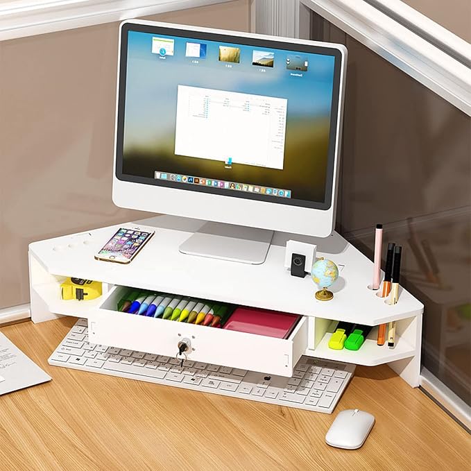 White Corner Monitor Riser with Drawer - Ergonomic Triangle Screen Stand with Lock, Space-Saving Desk nizer for Improved Comfort and Productivity
