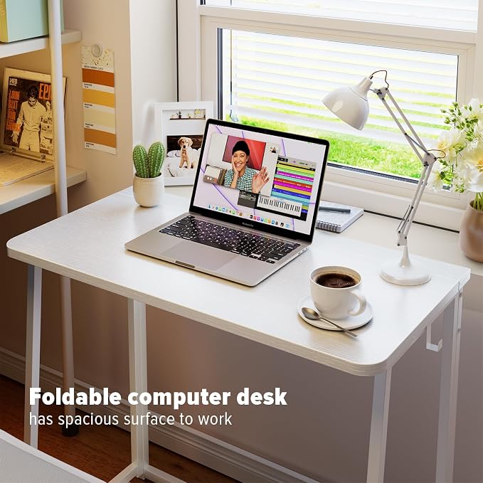 WOHOMO Folding Desk, 31.5" Small Desk for Small Spaces, Easy Assemble Foldable Computer Desk for Laptop, Mini Portable Working Table Narrow Wooden Writing Workstation for Home Office, White