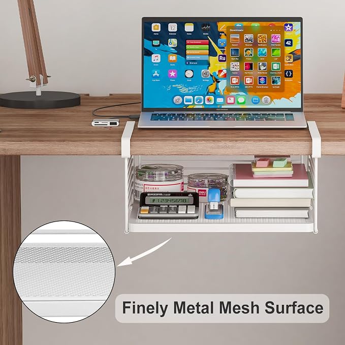 Under Shelf Storage Basket, Hanging Wire Basket with 1.13 Inches Thick Clips for Kitchen, Pantry or Laundry Room, Under Cabinet or Desk Storage Organizer, White, 13.75" L-Mesh Bottom, 2 Pack