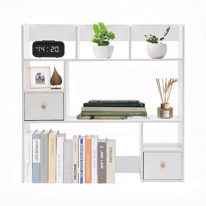 Desk Shelf, Wooden Office Desktop Display Organizer Rack with Handles, Adjustable 9 Compartment Storage Rack, Space Saving Desktop Bookshelf for Office Home Dorm (White)