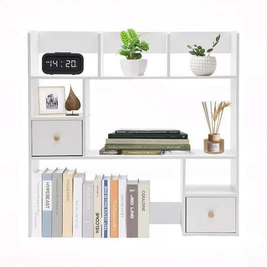 Desk Shelf, Wooden Office Desktop Display Organizer Rack with Handles, Adjustable 9 Compartment Storage Rack, Space Saving Desktop Bookshelf for Office Home Dorm (White)
