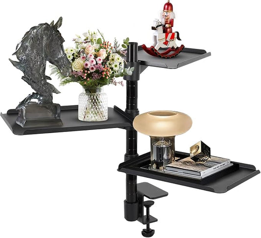 FAHKNS Multifunctional Desk Clamp Shelf，3-Tier Clamp on Desk Shelf，Ergonomics Metal Desk Extension for Home/Office/Game Room，Tabletop Book Storage Rack，Desktop Thickness 0.4-2.2”