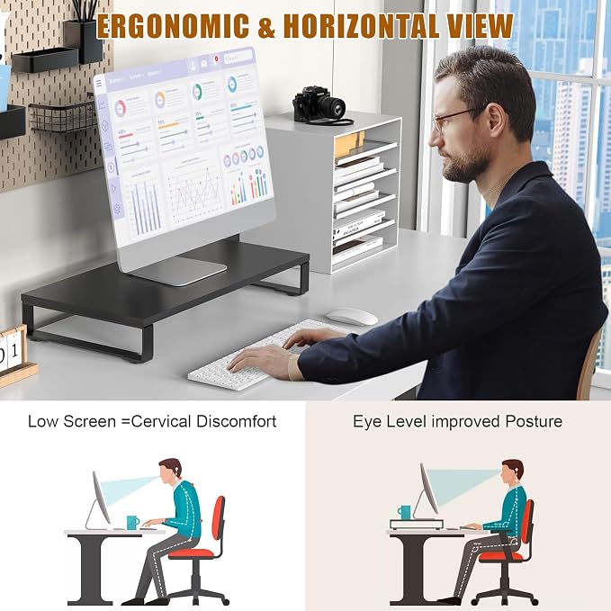 XINYAO Wood Monitor Stand Riser for Desk, 24x12x3 inch, Black | Sturdy wooden & steel computer monitor riser; ergonomic height reduces neck strain; Organizer for Office Laptop, PC, Printer
