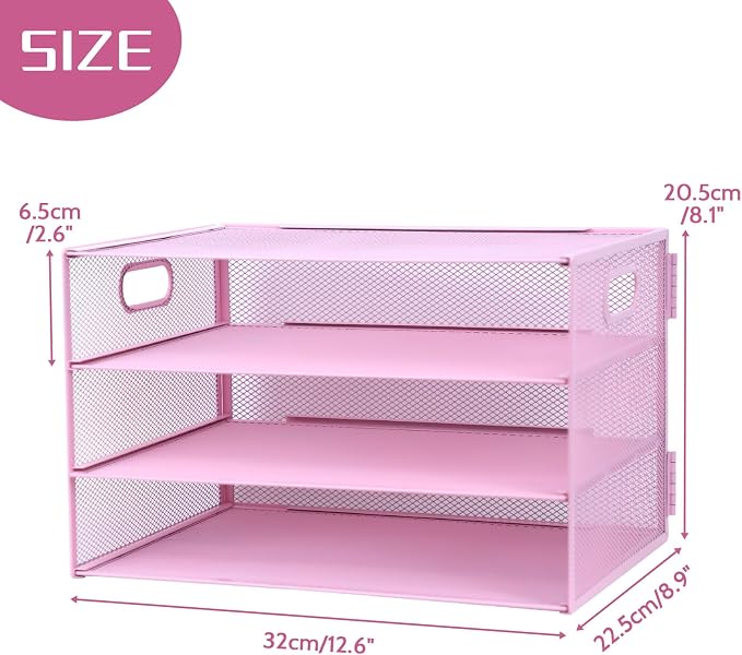 3 Tier Lettrer Tray Organizer, Metal Mesh Desk File Organizer with Sliding Trays, Paper Sorter Desk Organizer for Home Office School, Pink