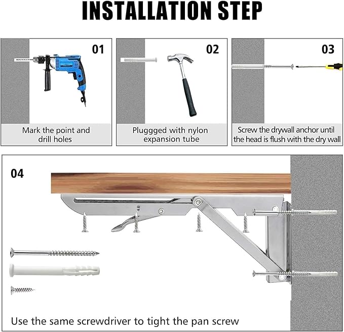 Folding Shelf Brackets 10 inch 4 Pcs Max. Load 220lb - Heavy Duty Stainless Steel DIY Wall Mounted Collapsible Shelf Bracket, Space Saving for Garage Workstation, Stuff Supports, Table, Workbench