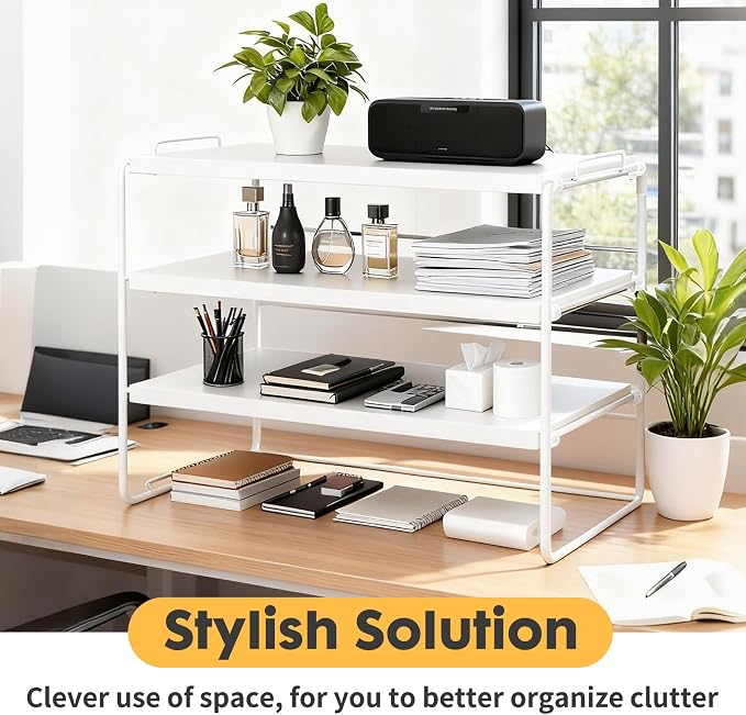 ShellKingdom Desk Shelf Organizer, 3 Tier Desktop Shelves, Adjustable Bookshelf Storage Rack and Office Cubicle Decor for Tabletop, School, Office, Dorm Organization (White)