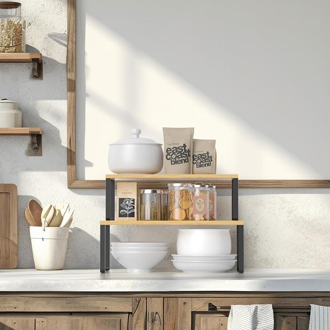 NEX Kitchen Cabinet and Counter Shelf Organizer, Stackable & Expandable, Set of 4, Black and Natural - 7.7 x 15.6 x 6.2''