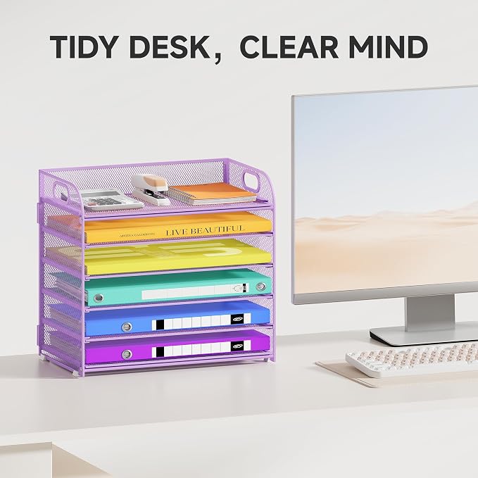 Cawukege 6 Tier Paper Organizer, Purple Letter Tray with Handle, Mesh Desk Organizer, Metal File Organizer, Office Desk Accessories for Home, Office, Classroom, School
