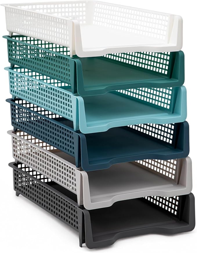 Geetery Set of 6 Plastic Trays for Teachers Turn in Trays Classroom Stackable Paper Tray Plastic Classroom Teachers Desk Letter Organizer Storage Baskets for Office, Desk, Home (Morandi Color)