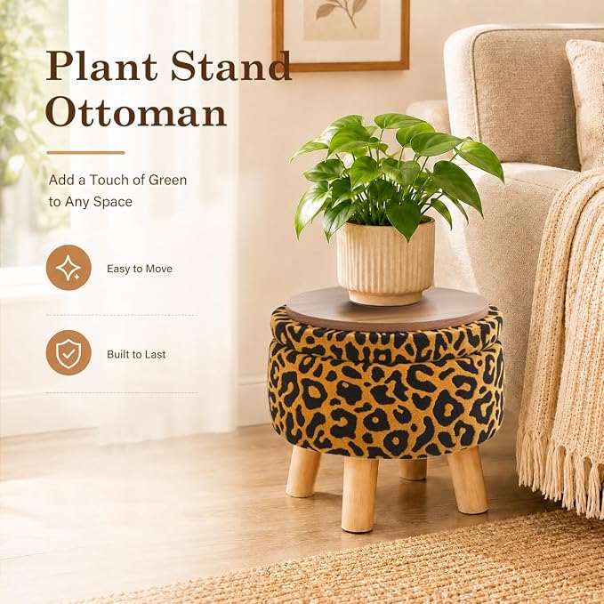 Wimarsbon Storage Ottoman, Modern Round Footrest with Soft Padded Seat, Pattern Velvet Footstool with Wood Legs, Accent Small Table or Plant Stand for Hallway, Living Room (Orange)