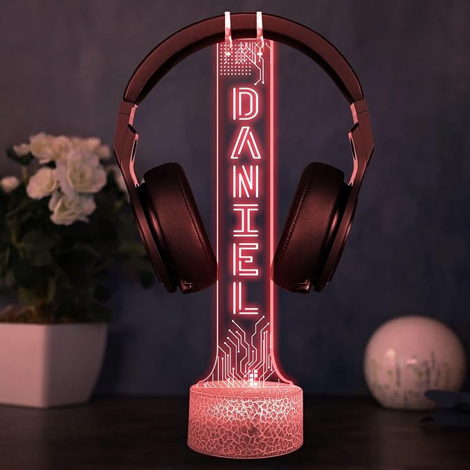Personalized LED Headphone Holder with RGB Lights, Custom Gamer Desk Organizer, Headset Display Stand for Gaming Setup, Christmas or Birthday Gift for Boyfriend, Teen Gamer or Streamer