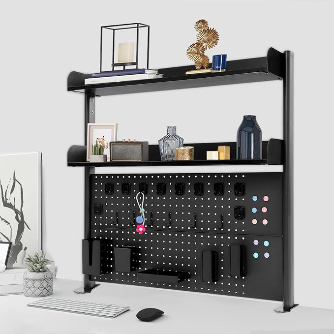 Desk Pegboard, Clamp On Desk Organizer Shelf, Desktop Bookshelf Storage Shelves, Privacy Panel for Home Office Dorm Gaming Desk, Carbon Steel, 39.4" x 37.4", Black