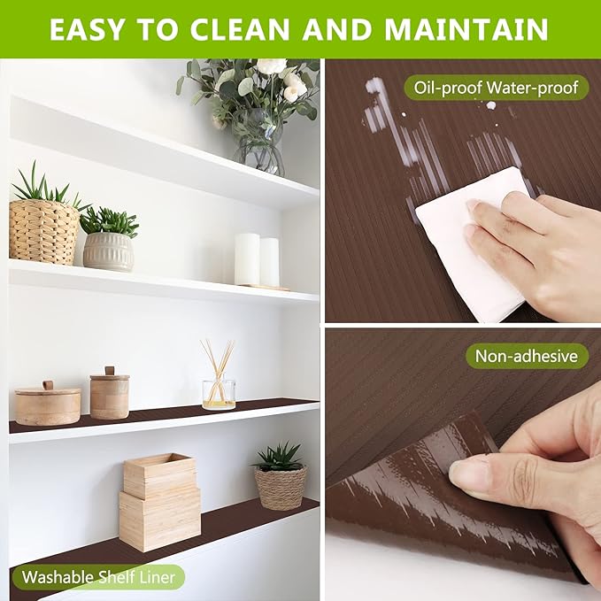 Shelf Liner Cabinet Liners for Kitchen, Non Adhesive Drawer Liner, Durable Washable Waterproof Fridge Refrigerator Mat Pantry Shelf Protector Liner for Shelves, Cupboard, Coffee 17.5 x 393.7 inches