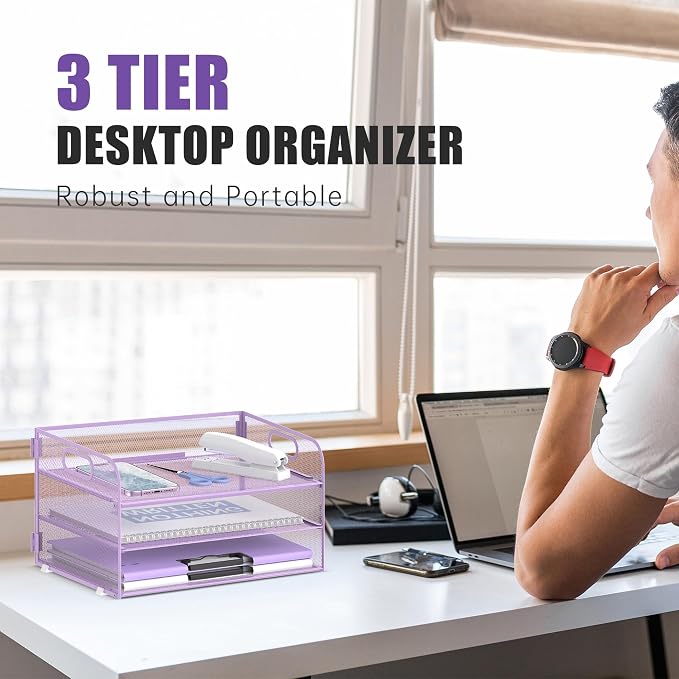 DALTACK 3 Tier Paper Organizer with Handle, Mesh Metal Desk Organizer with Sliding Paper Trays for Letter/A4 Paper, Mail, Bills & Folders, Purple
