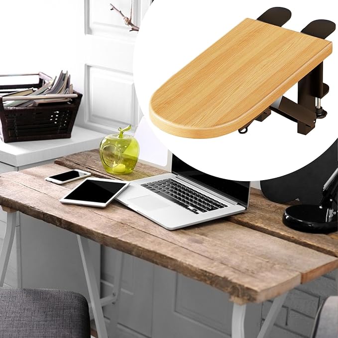 Desk Extension Tray Side Table Workstation Organizer Multifunctional Foldable Space Saving Table Arm Rest Clamp on Desk Shelf 12.4x5.7 inch- Wood 2 Clamp
