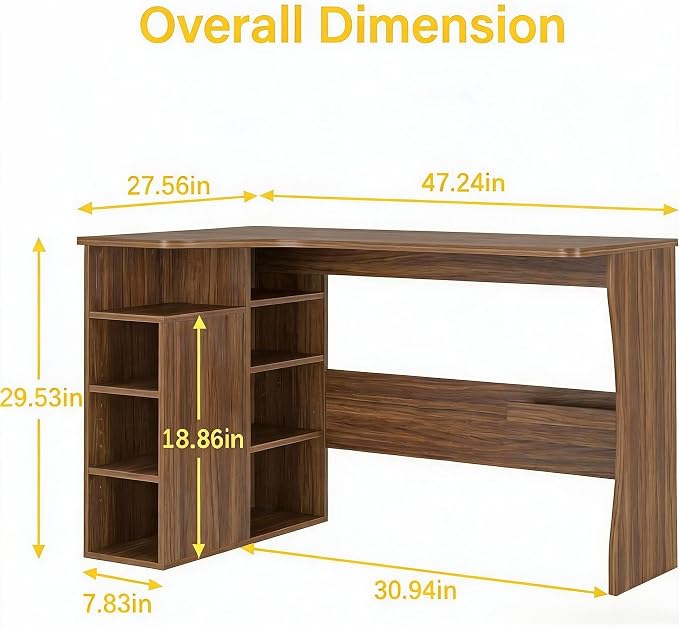 IDEALHOUSE L Shaped Desk with Storage Shelves, Small Corner Desk for Small Spaces, Reversible Table with 3 Tier Shelves, Home Office, Writing Study Gaming Desk, Walnut Wood