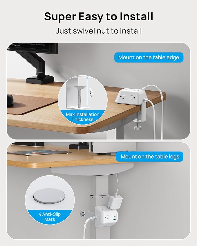 TROND USB C PD 20W Desk Clamp Power Strip, Surge Protector with 5 AC Outlets, 2 USB C Charging Station, Fit 1.97in Tabletop Edge Thick, 10ft Extension Cord for Home Office Accessories, White