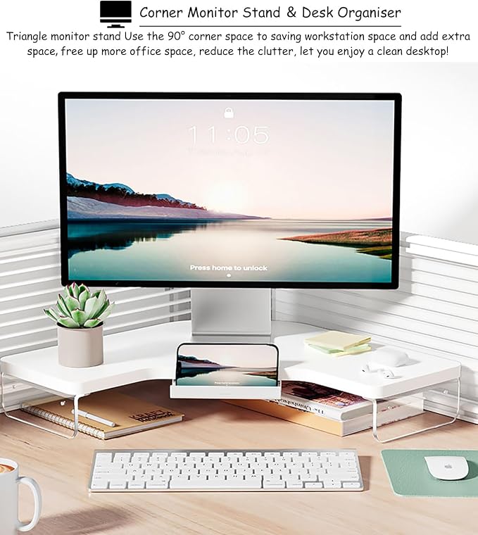 Corner Monitor Stand Clear Acrylic Leg ＆ Wood Corner Screen Stand, L-Shape Desk Triangle Riser for Monitor/Laptop/Computer, Corner Organizer with Drawer (Color : White), 36655