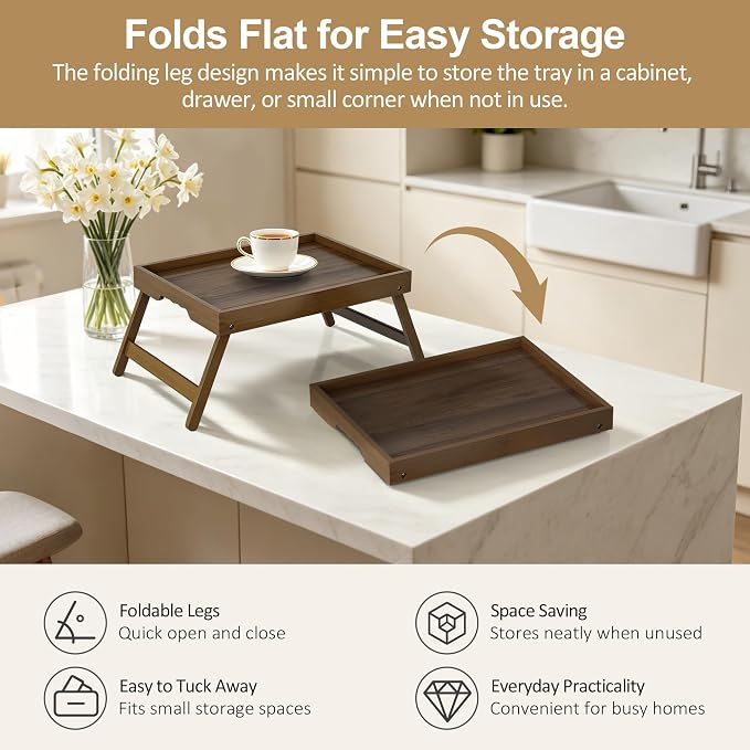 Breakfast Tray with Folding Legs Set of 2, Bamboo Bed Tray Table 15.7" Foldable TV Dinner Tray with Ergonomic Wave Handles for Bed Couch Sofa, Breakfast, Snacks, Coffee, Walnut