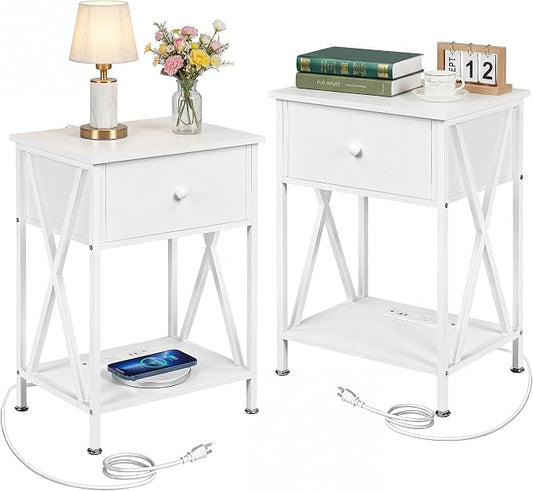 VECELO Nightstand Set of 2,End Tables with Charging Station,Bed Side Table with Open Shelf &USB Ports & Outlets,Small Dresser for Bedroom, Living Room,White