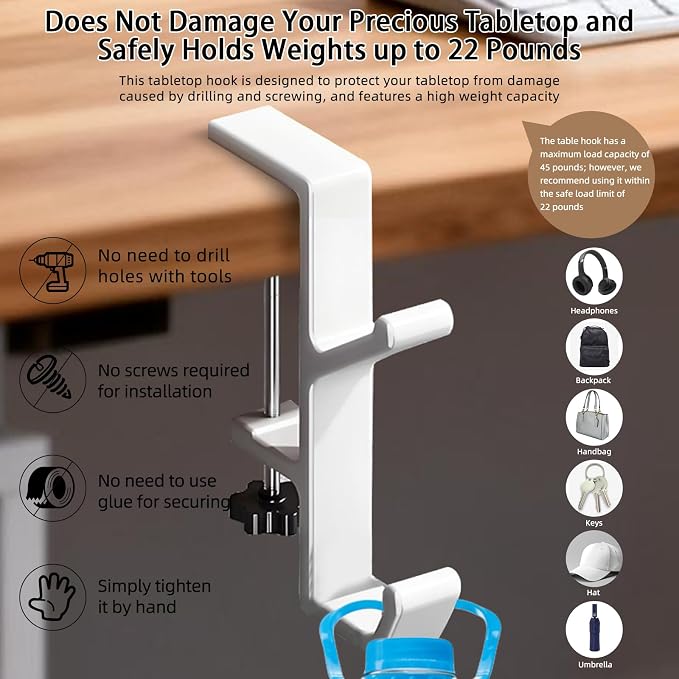 Desk Mount Bag Holder Hook Clamp,On Backpack Hanger Portable Desk Mount Headphones Holder for Reduce Desk Clutter Table Desk Table Hanging Storage (2 Pcs-Double Hook White)
