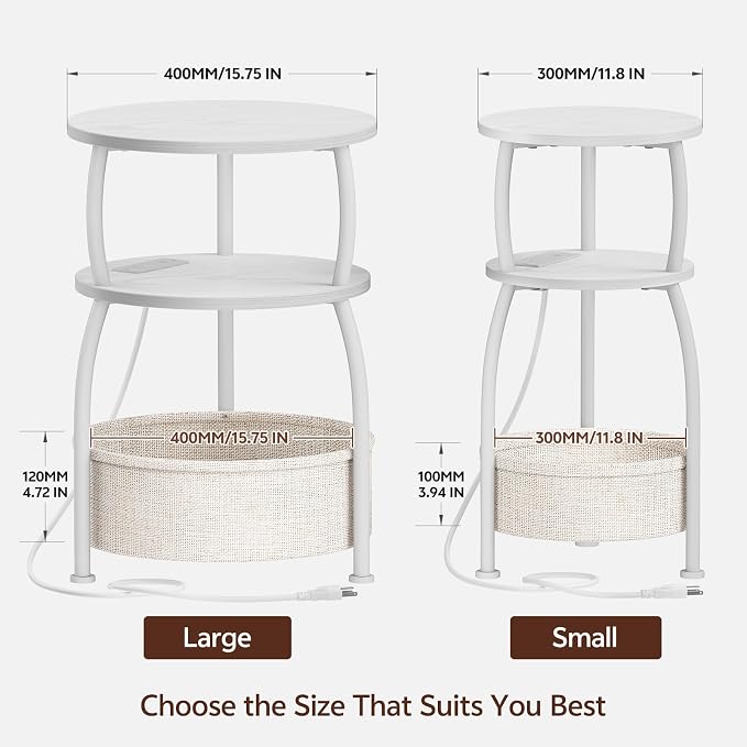 Round End Table with Charging Station, USB Ports, 15.75in Small Side Table with Storage Basket, Coffee Table Sofa Side Table for Small Spaces, Nightstand for Living Room Bedroom Matte White
