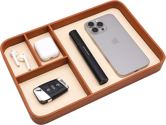 Vegan Leather Valet Tray for Men - Modern Nightstand Organizer for Keys, Wallet, Watch & EDC Essentials, Eco-Friendly & Stylish Storage(Brown)