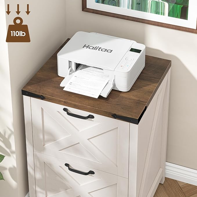 Halitaa Farmhouse File Cabinet, Vertical Under Desk Wooden Storage with 2 Drawers, Small Filing Cabinet Fits Letter and A4 Size for Home Office, Printer Stand, White and Brown