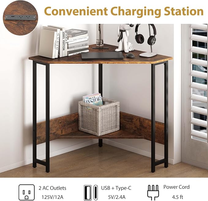 Tangkula Corner Desk with Power Outlet & USB Ports, Triangle Computer Desk with Charging Station, Storage Shelf, Space Saving Writing Desk, Vanity Table, Corner Desk for Small Space (Rustic Brown)