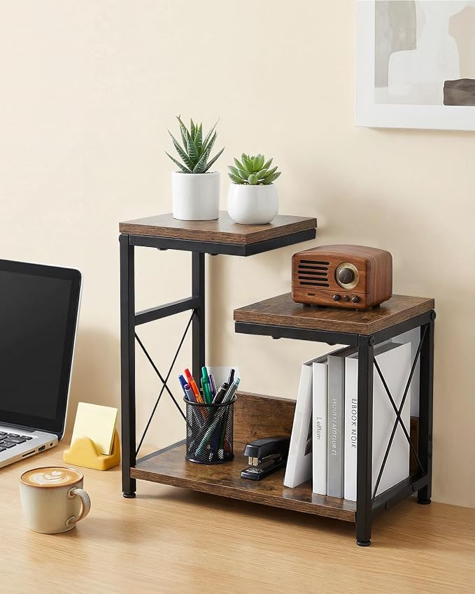 Desk Shelf Organizer, Small Desktop Bookshelf for Desk, Wood Table Top Shelves, Desktop Organizer Shelf for Office, Desk Decor, Nightstand, Home, Corner, 3 Tier Rustic Brown