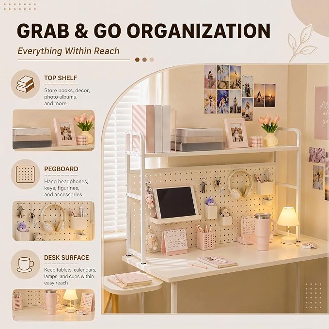 Leinuosen Desktop Shelf for Dorm Desk Hutch Bookshelf with Pegboard and Hooks 2 Tier Organizer Countertop Storage Bookcase Metal Hutch Display Rack with Hooks for Home Office College Dorm