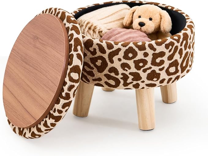 Wimarsbon Storage Ottoman, Modern Round Footrest with Soft Padded Seat, Pattern Velvet Footstool with Wood Legs, Accent Small Table or Plant Stand for Hallway, Living Room (Khaki)