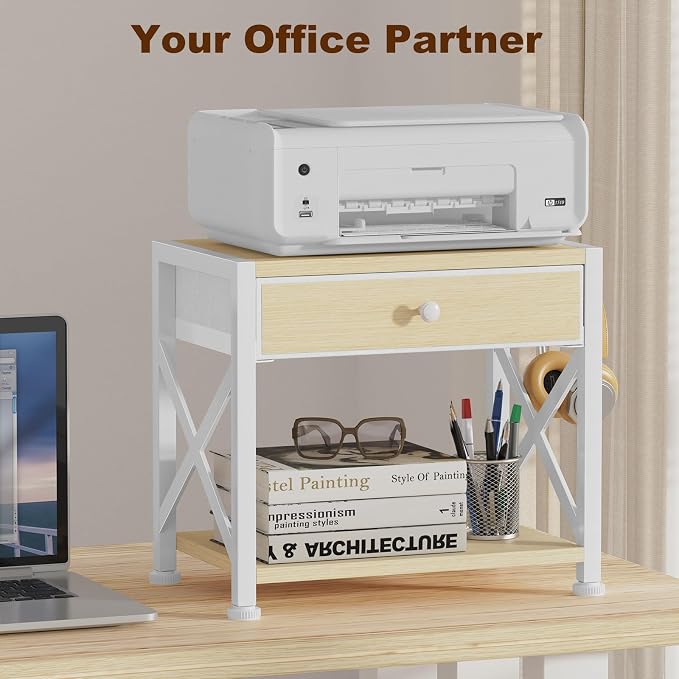 EasyCom 2-Tier Desktop Printer Stand with Large Drawer, Under Desk Storage with Wheels, Small Shelf with Storage for Paper Storage Printer Scanner Fax Home Office Use Beige