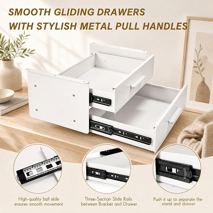 Menkxi 16'' Under Desk Drawer Slide-out Steel Under Counter Drawers Storage Organizer Large Hidden Pull-out Tray for Table Desks Home Office Workstation(White,2 Layer)