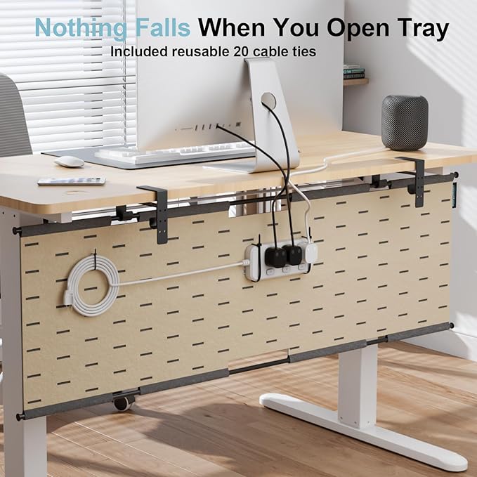 No Drill Under Desk Cable Management Tray, 45.2" Felt Cord Organizer for Table, Clamp/Screw Mount Wire Management with Privacy Panel for Standing Desk & Home Office (Gray/Khak)