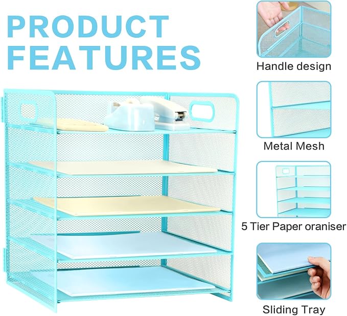 5 Tier Lettrer Tray Organizer with Handle, Metal Mesh Desk File Organizer with Sliding Trays, Paper Sorter Desk for Home Office School, Blue